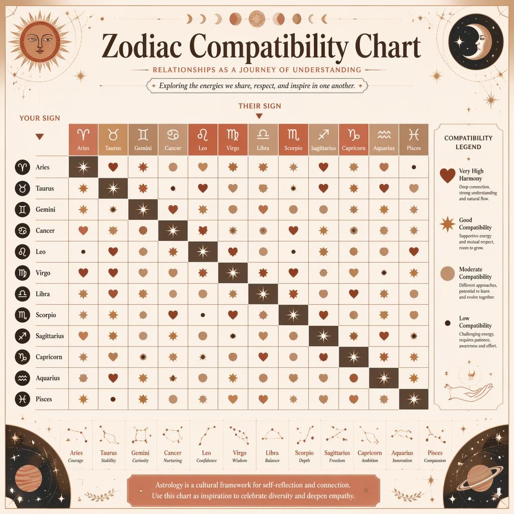 Minimal zodiac compatibility chart infographic with 12x12 heatmap, sign names, glyphs, legend, and warm celestial motifs.
