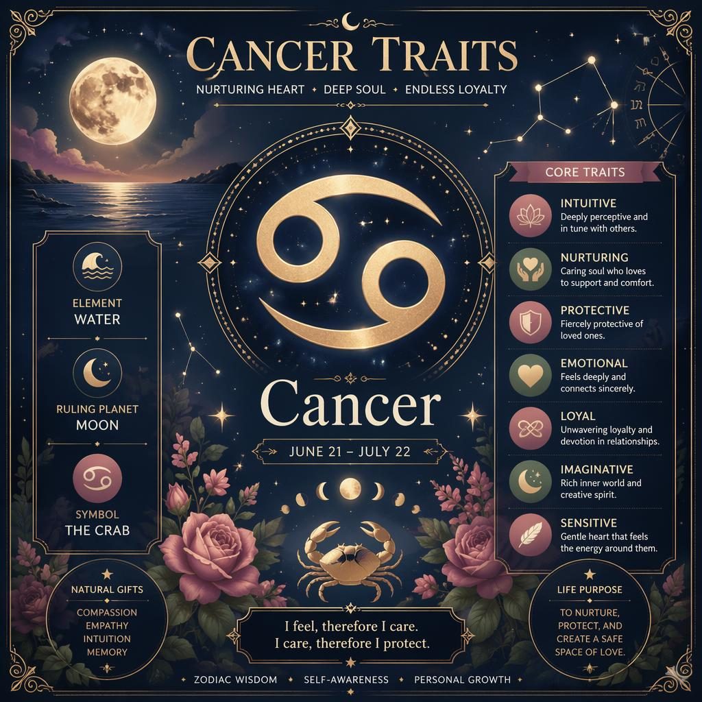 Pastel Cancer Traits infographic with Cancer glyph, June 21–July 22, Moon, Water, and celestial icons on deep blue gold