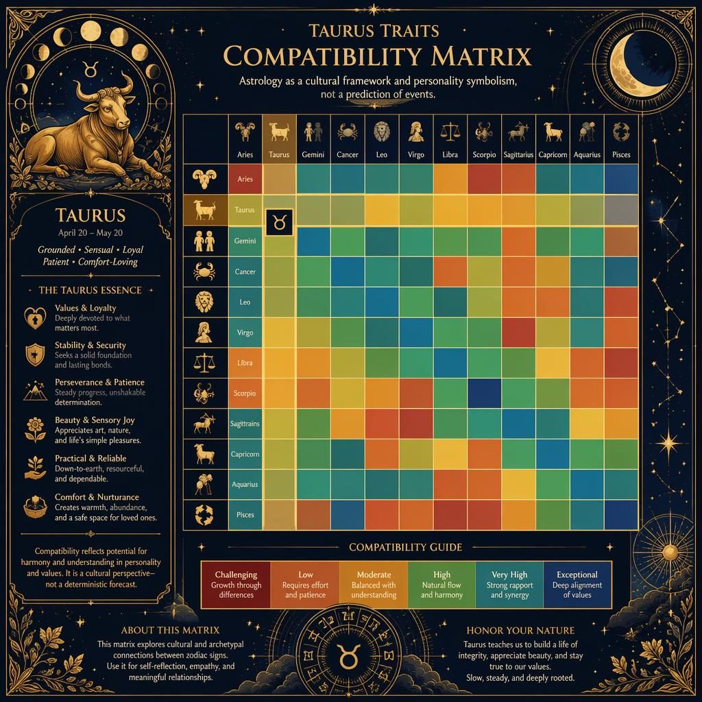 Art nouveau zodiac infographic with a 12x12 Taurus compatibility heatmap, midnight blue and gold celestial motifs and icons.