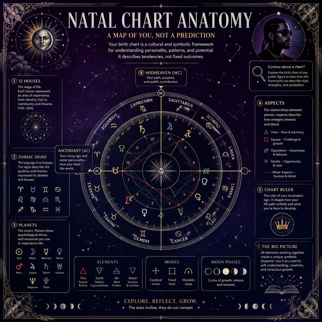 Vintage-style natal chart anatomy infographic with labeled wheel, houses, planets, aspects, and celestial motifs