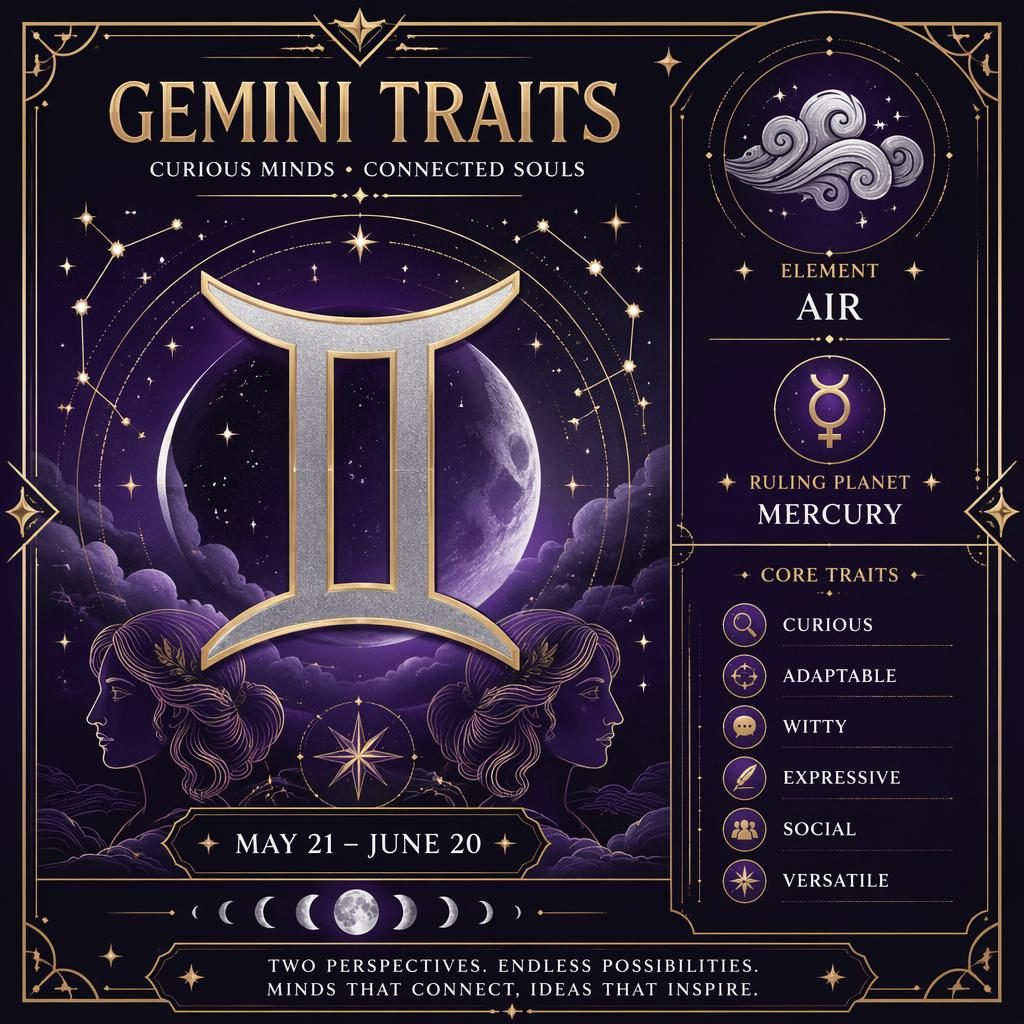 Tarjeta de perfil de Géminis con glifo grande, paleta púrpura y plata, ornamentos dorados, estrellas, luna y constelación.