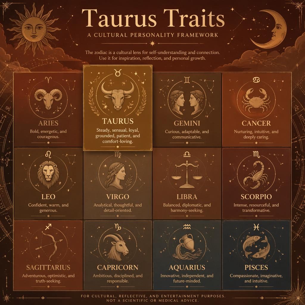 Editorial zodiac infographic showing a 12-sign grid with Taurus subtly highlighted in warm terracotta, ochre, bronze, and celestial accents.