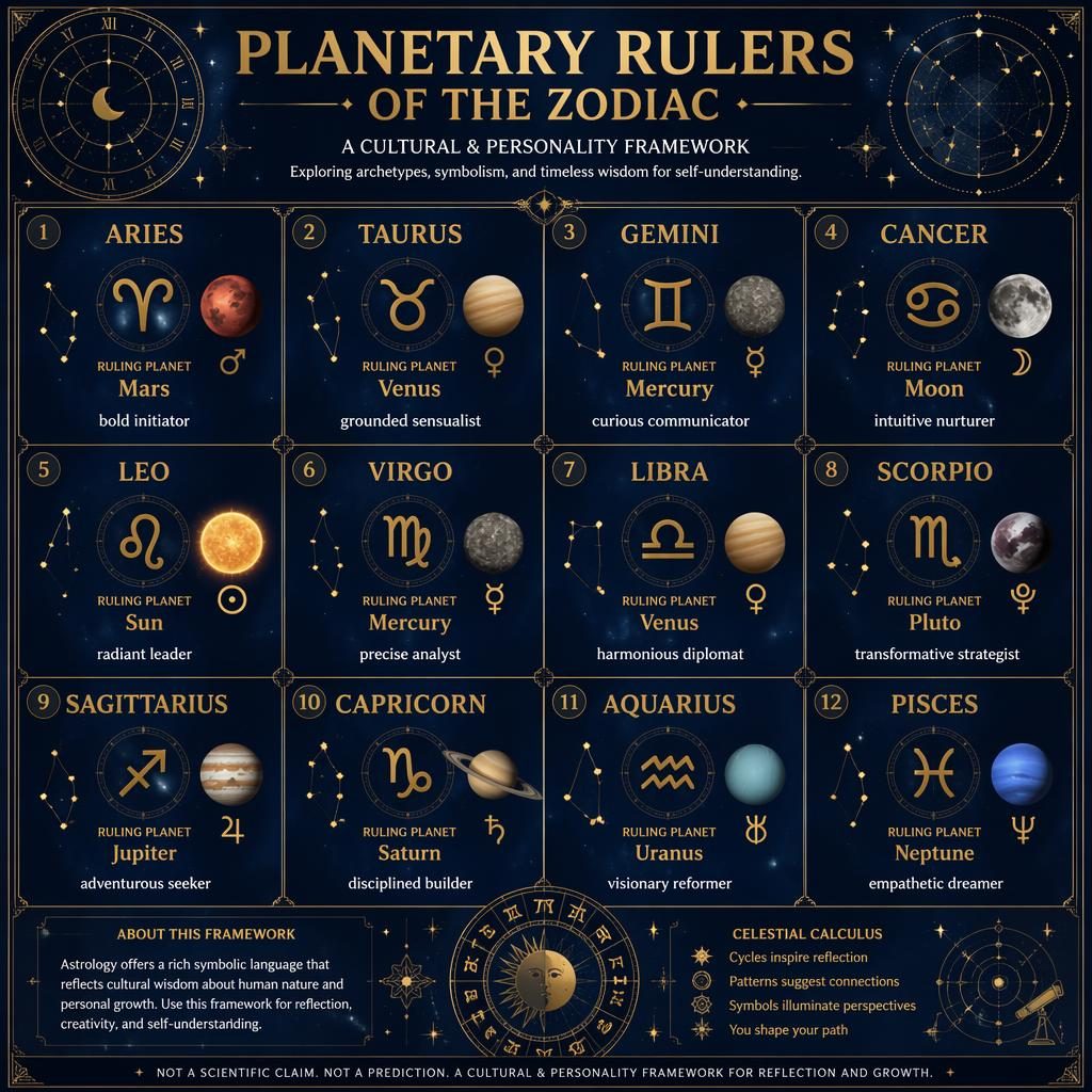 Celestial zodiac infographic grid with 12 signs, ruling planets, glyphs, and traits in midnight blue and gold
