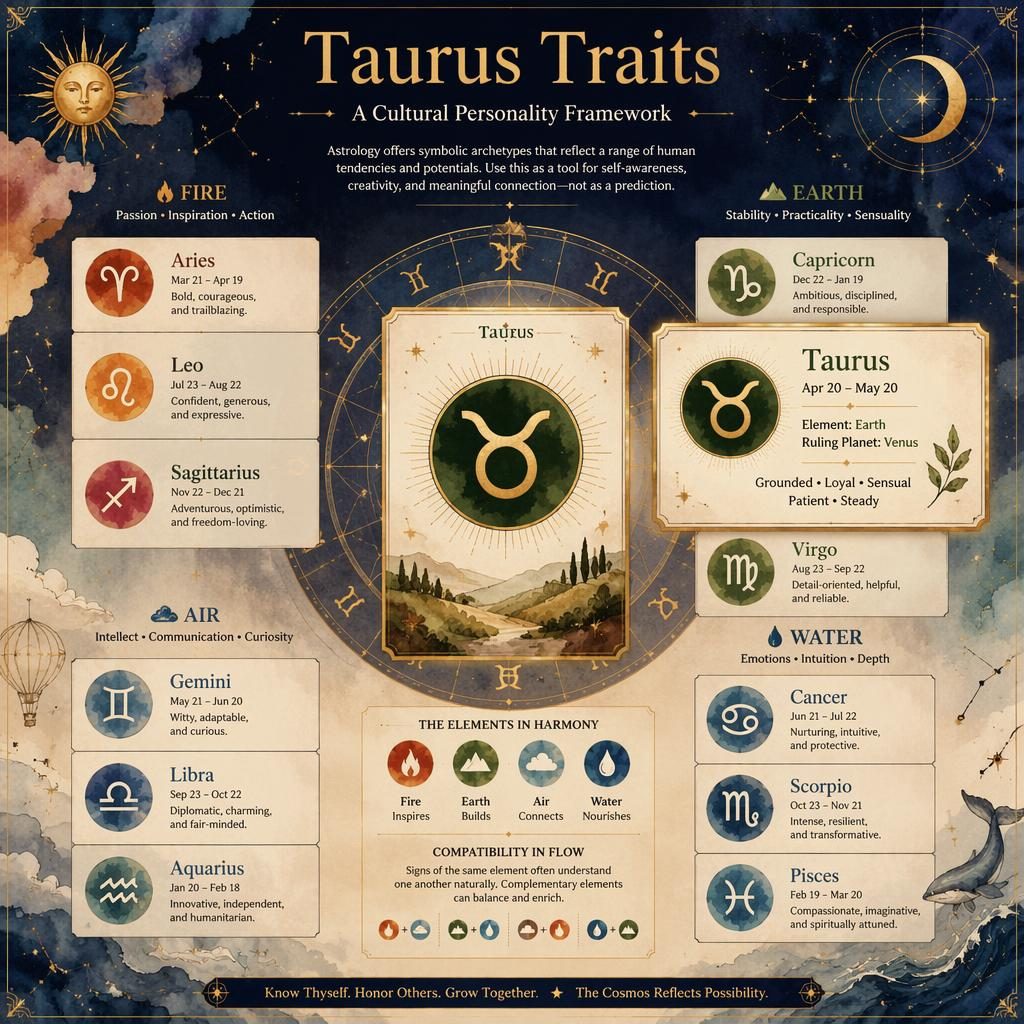 Watercolor zodiac infographic showing all 12 signs by element, with a highlighted Taurus panel, celestial motifs, and gold-blue earth tones.