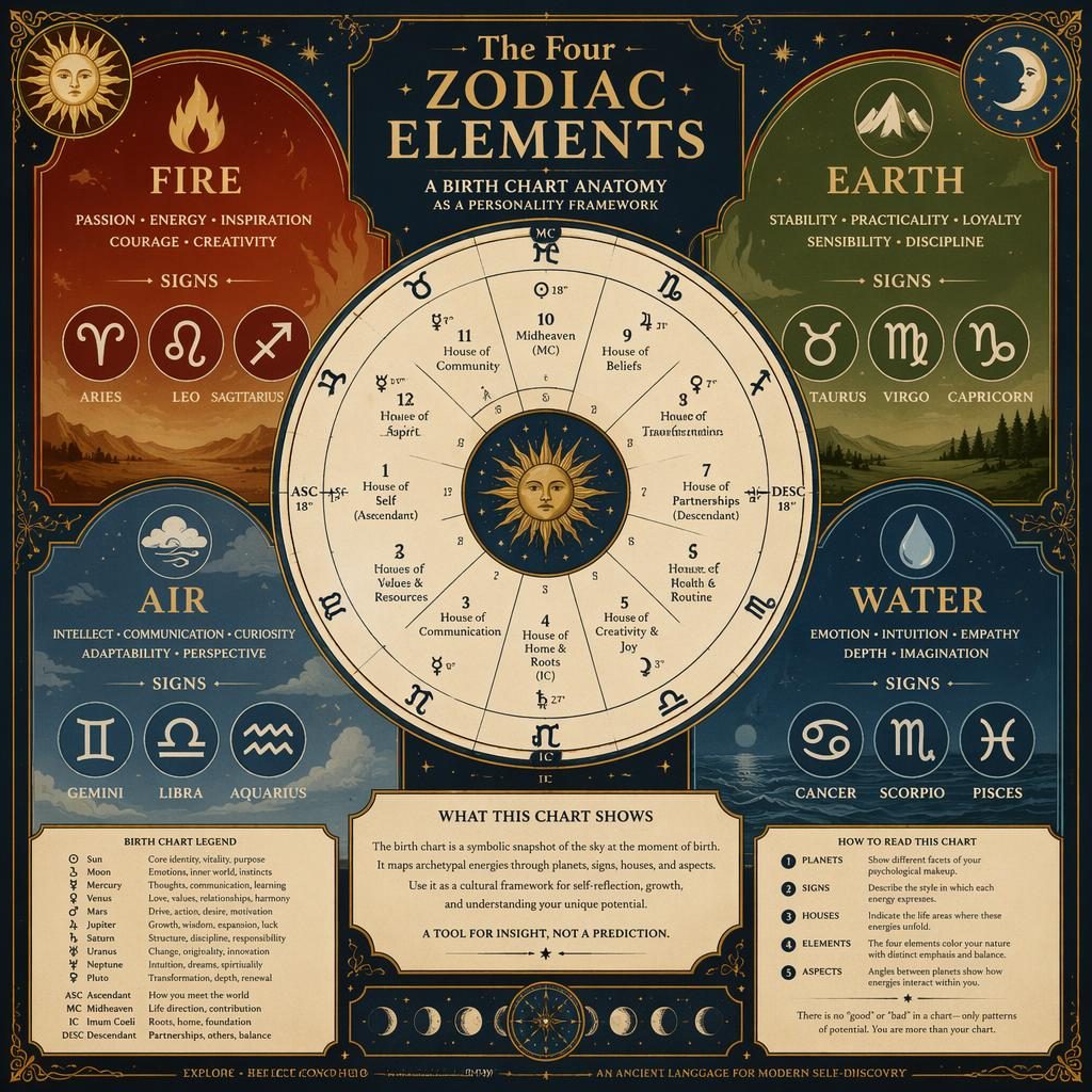 Vintage astrology infographic with a central natal chart wheel and four sections for Fire, Earth, Air, and Water signs.