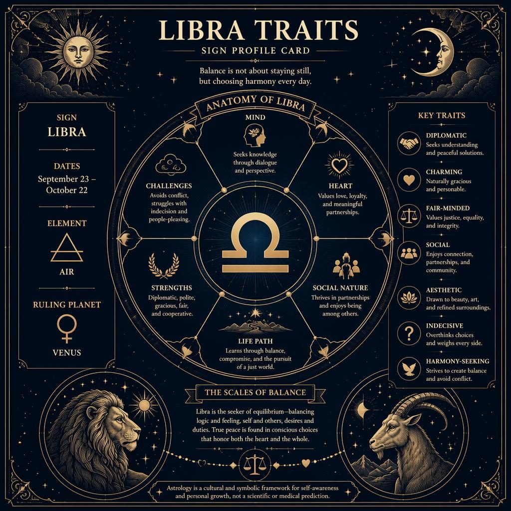 Infographie astrologique Balance vintage avec glyphe central, dates, élément, Vénus, traits en anglais, bleu nuit et or.