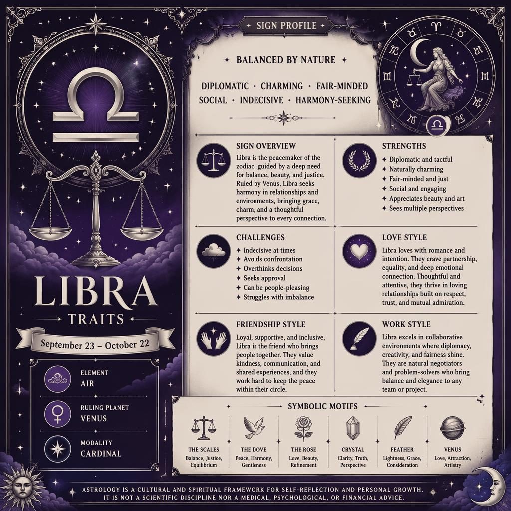 Libra Traits zodiac profile infographic with Libra glyph, dates, element, ruling planet, traits, and celestial motifs.
