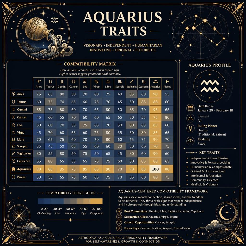 Art nouveau Aquarius traits infographic with 12x12 zodiac compatibility matrix, celestial charts, deep blue and gold accents.