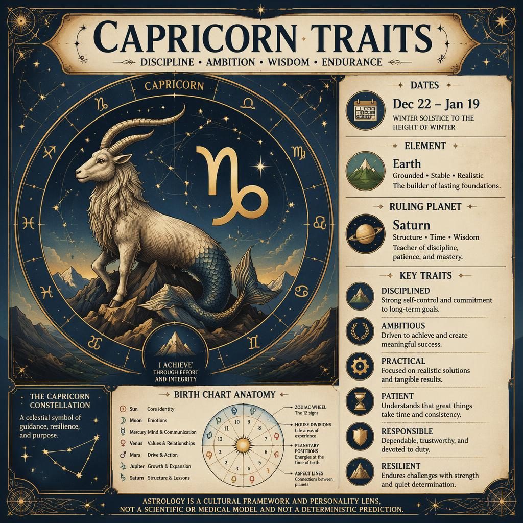 Vintage-style Capricorn Traits infographic with zodiac glyph, constellation, dates, Earth element, Saturn, and key traits.