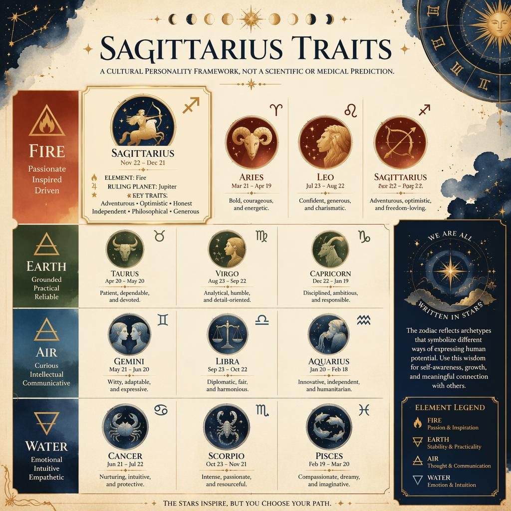 Celestial zodiac infographic showing Sagittarius Traits in a 12-sign elemental grid, highlighted in Fire with glyphs and traits.