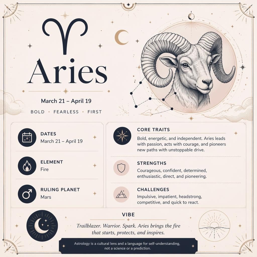 Minimal pastel zodiac infographic card for Aries with glyph, dates, element, Mars, traits, stars, moon motifs, and gold accents.