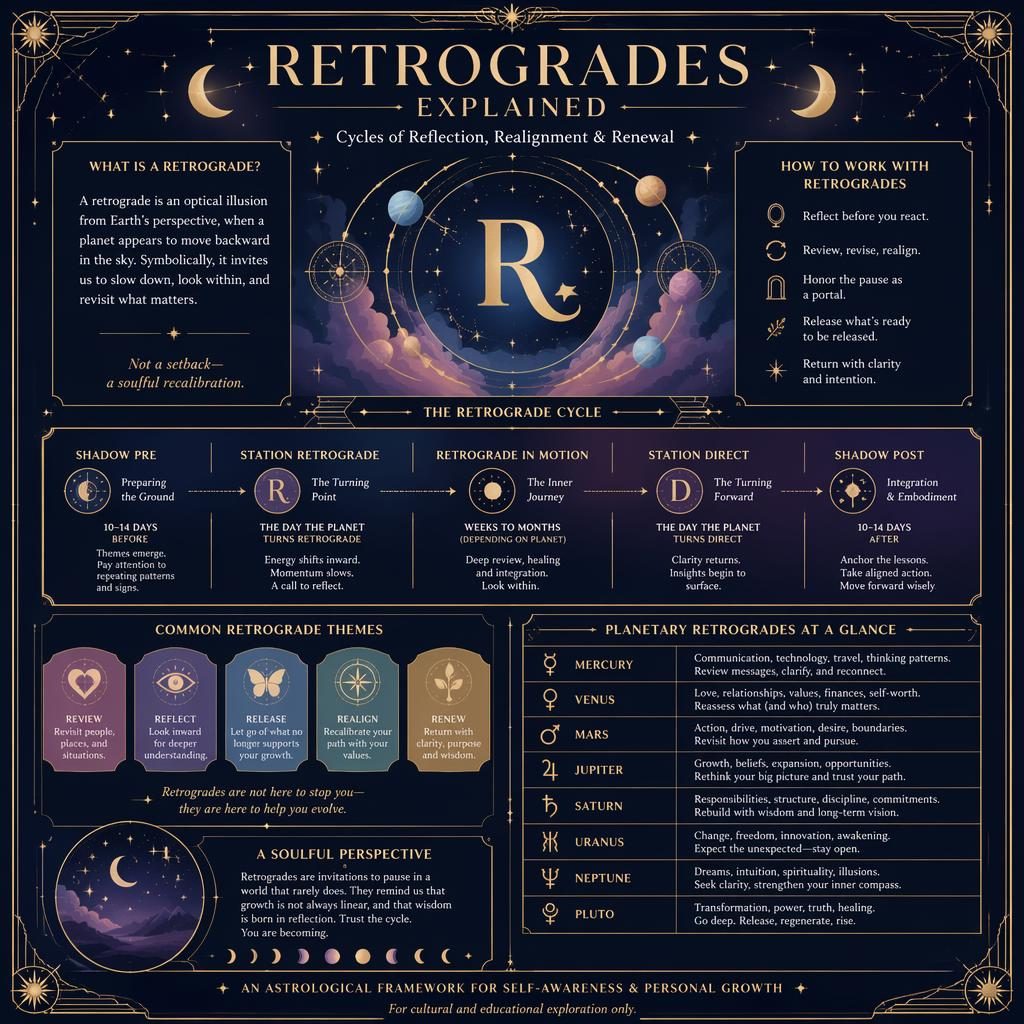 Astrology infographic on retrogrades with celestial glyph, timeline band, planet panels, and gold art deco details on deep blue.