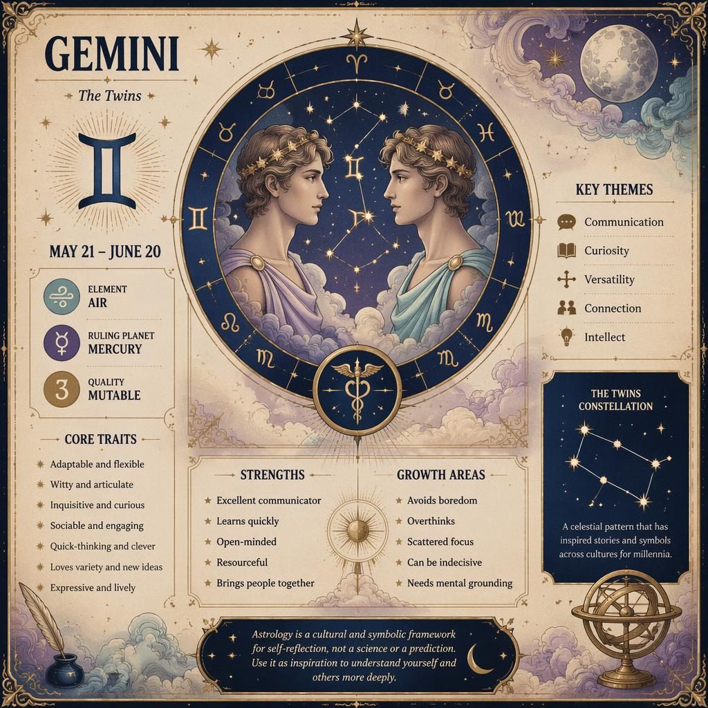 Vintage-style Gemini traits infographic with zodiac glyph, dates, element, ruling planet, traits, zodiac wheel, and pastel celestial art.