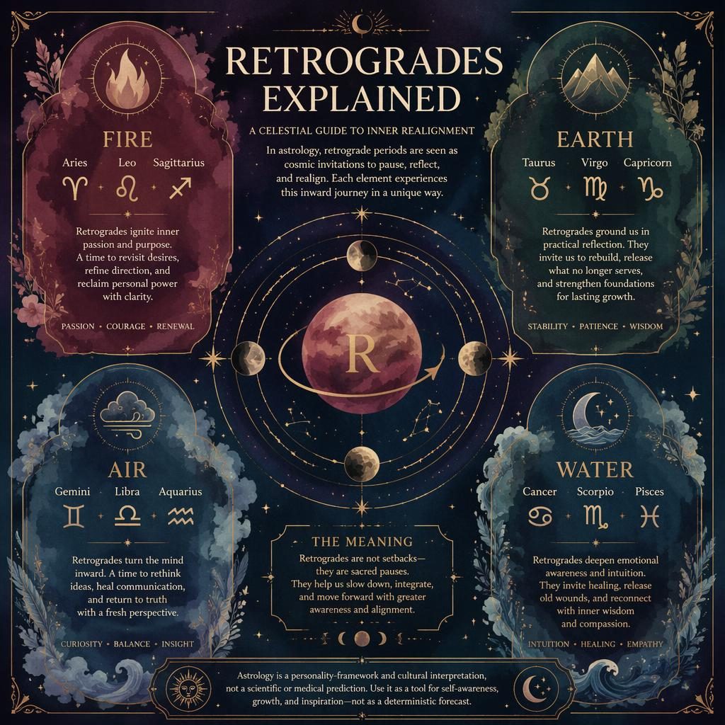 Celestial watercolor infographic with Fire, Earth, Air, and Water retrograde sections and a central orbit motif.