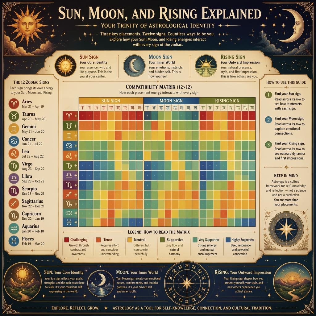Astrology infographic with a 12x12 compatibility matrix, zodiac wheel motifs, celestial icons, and English labels for Sun, Moon, and Rising signs.