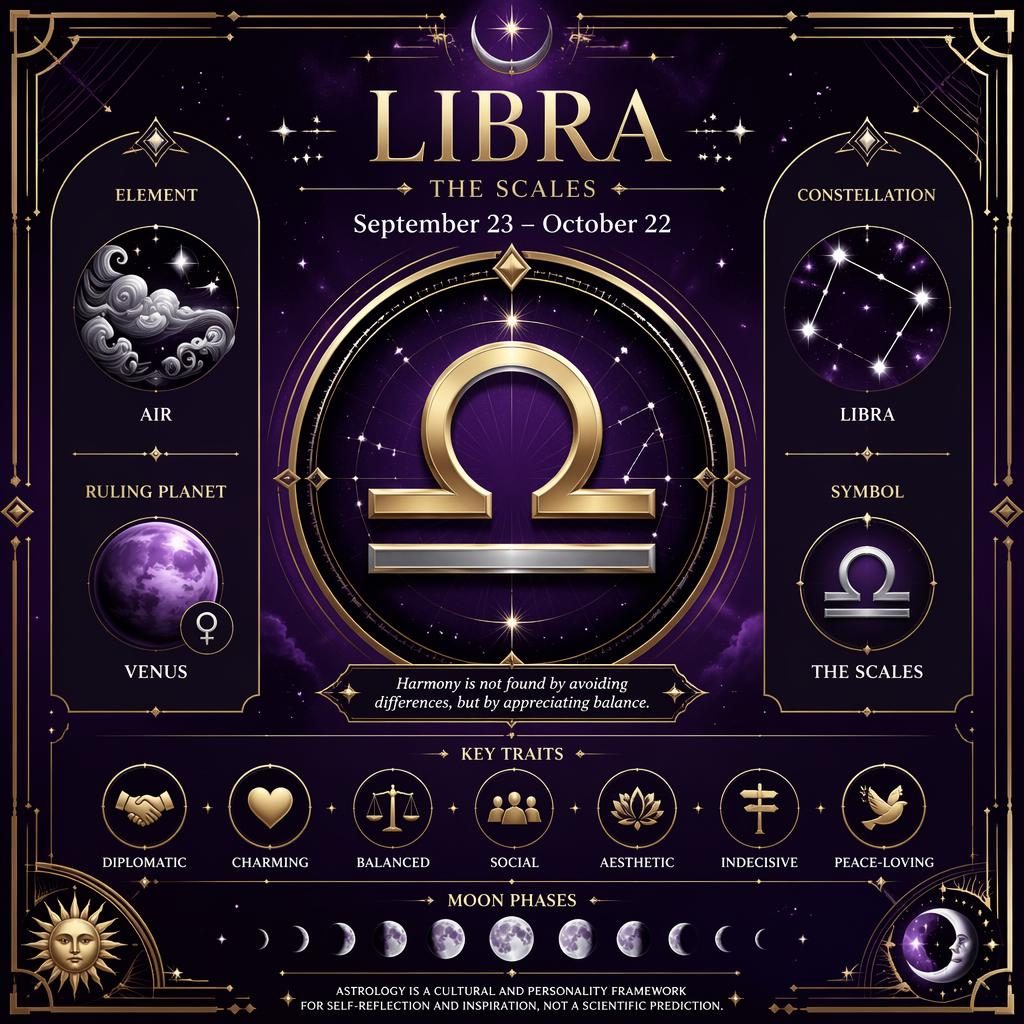 Art Deco Libra traits infographic with glyph, dates, Air element, Venus ruler, traits, moon phases, stars, purple gold