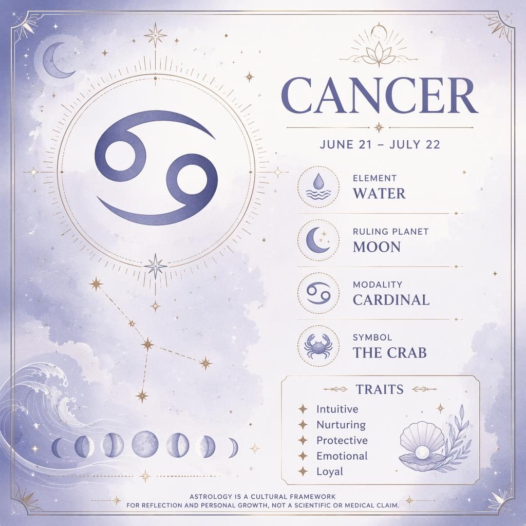Pastel monochrome Cancer traits zodiac infographic with glyph, dates, Water element, Moon ruler, stars and moon phases.
