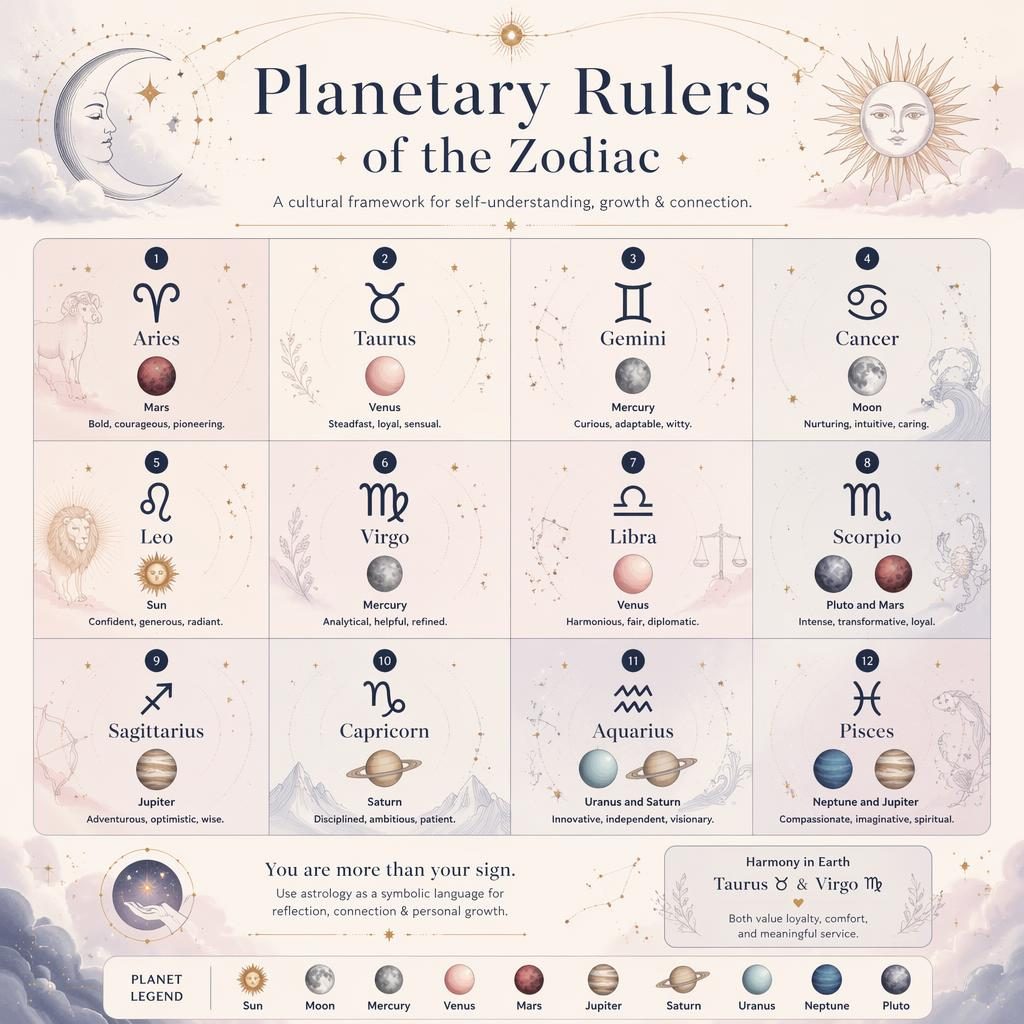 Infografía zodiacal en cuadrícula de 12 signos con planetas regentes, glifos, iconos celestes y detalles pastel azul y dorado.