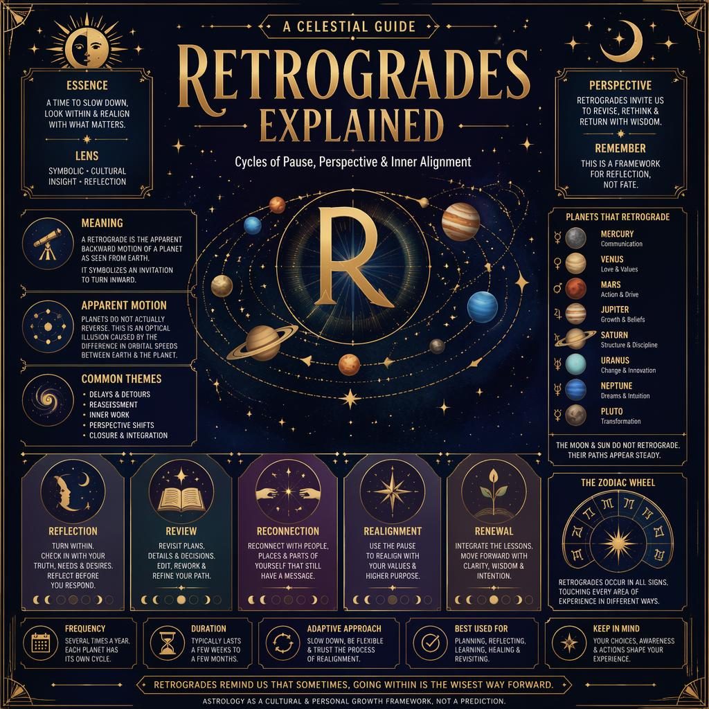 Celestial retrogrades infographic with orbital diagram, zodiac wheel, moon phases, gold art deco borders, and English labels