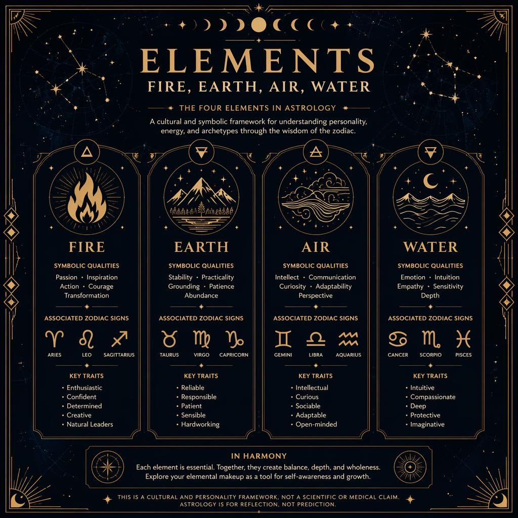 Art deco zodiac infographic showing Fire, Earth, Air, and Water with celestial icons, gold details, moon phases, and sign traits.