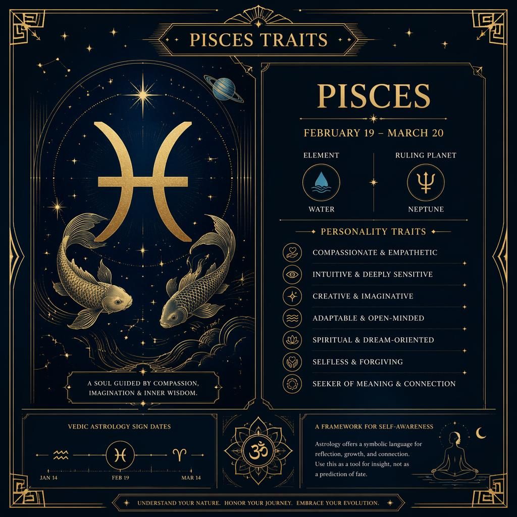 Art deco Pisces traits infographic with gold Pisces glyph, dates, element, ruling planet, traits, and celestial motifs.
