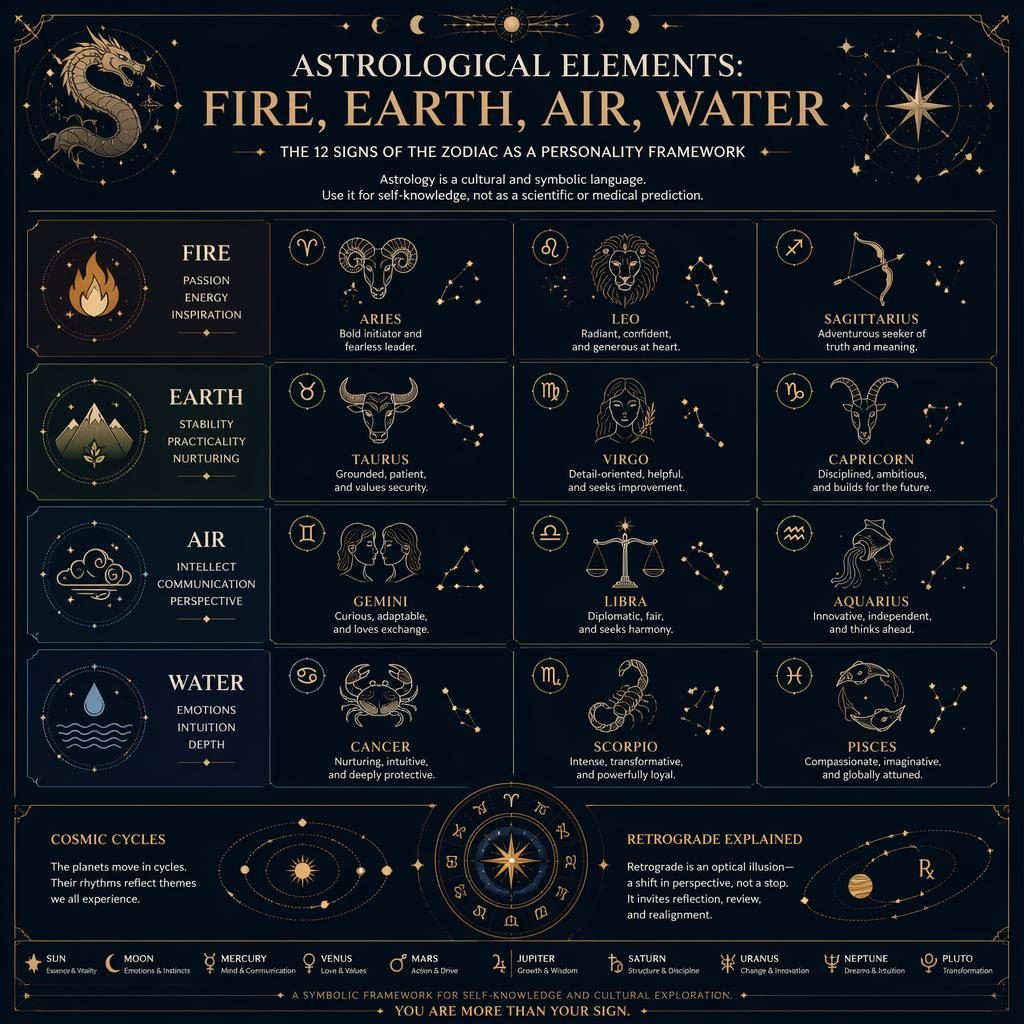 Minimal zodiac infographic showing 12 signs in a grid by Fire, Earth, Air, and Water with celestial icons in blue and gold.
