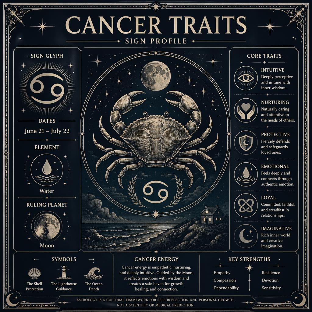 Infografía zodiacal monocroma estilo vintage con perfil del signo Cancer, glifo central, fechas, agua, luna y rasgos.
