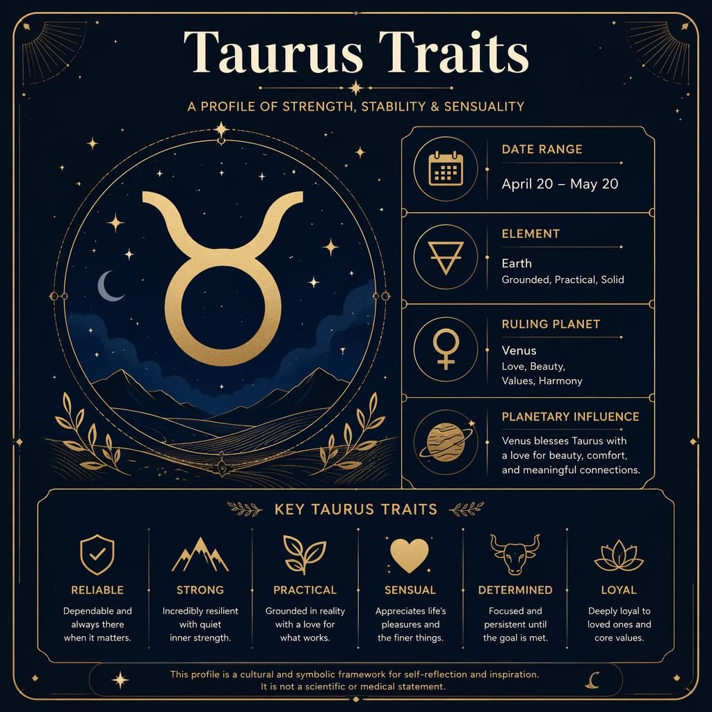 Midnight blue and gold Taurus traits infographic with Taurus glyph, dates, element, Venus, stars, and orbit motifs.