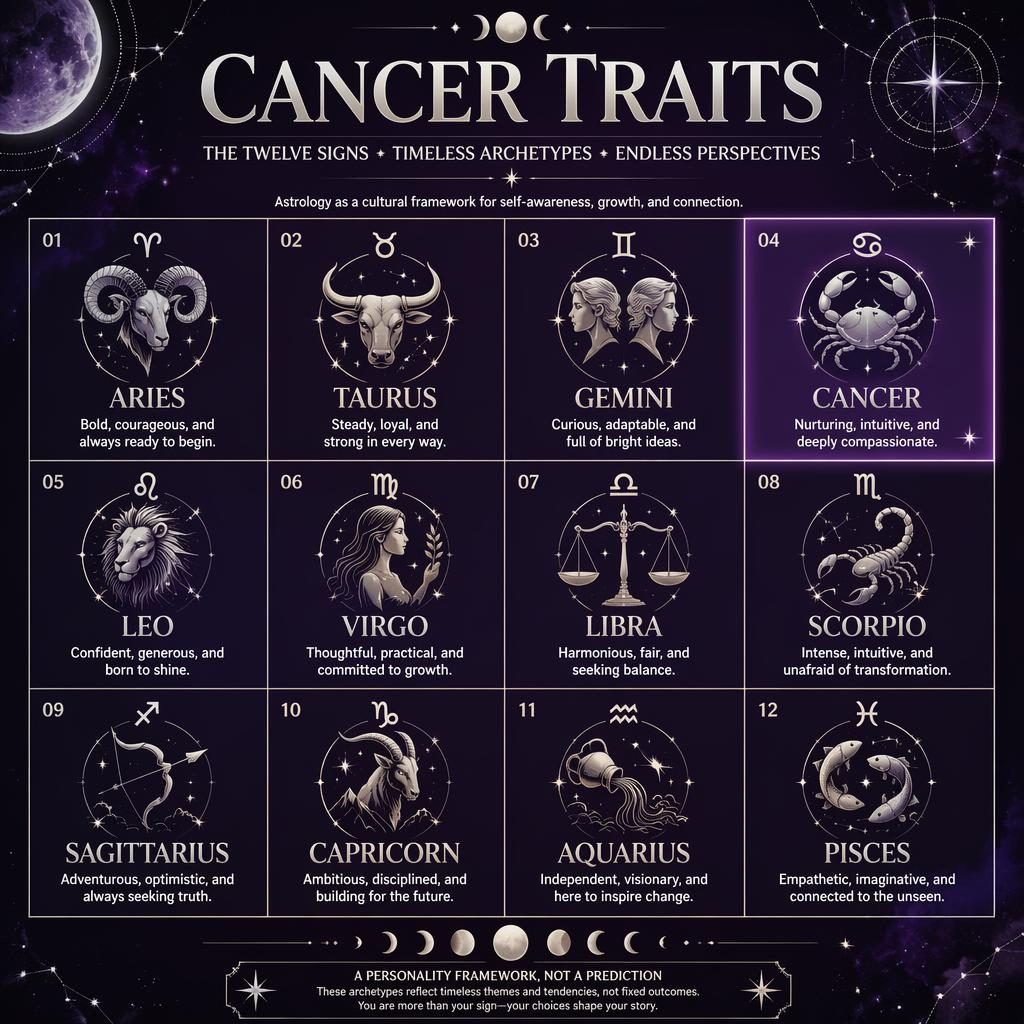 12-sign zodiac grid infographic titled Cancer Traits in deep purple and silver, with Cancer subtly highlighted.