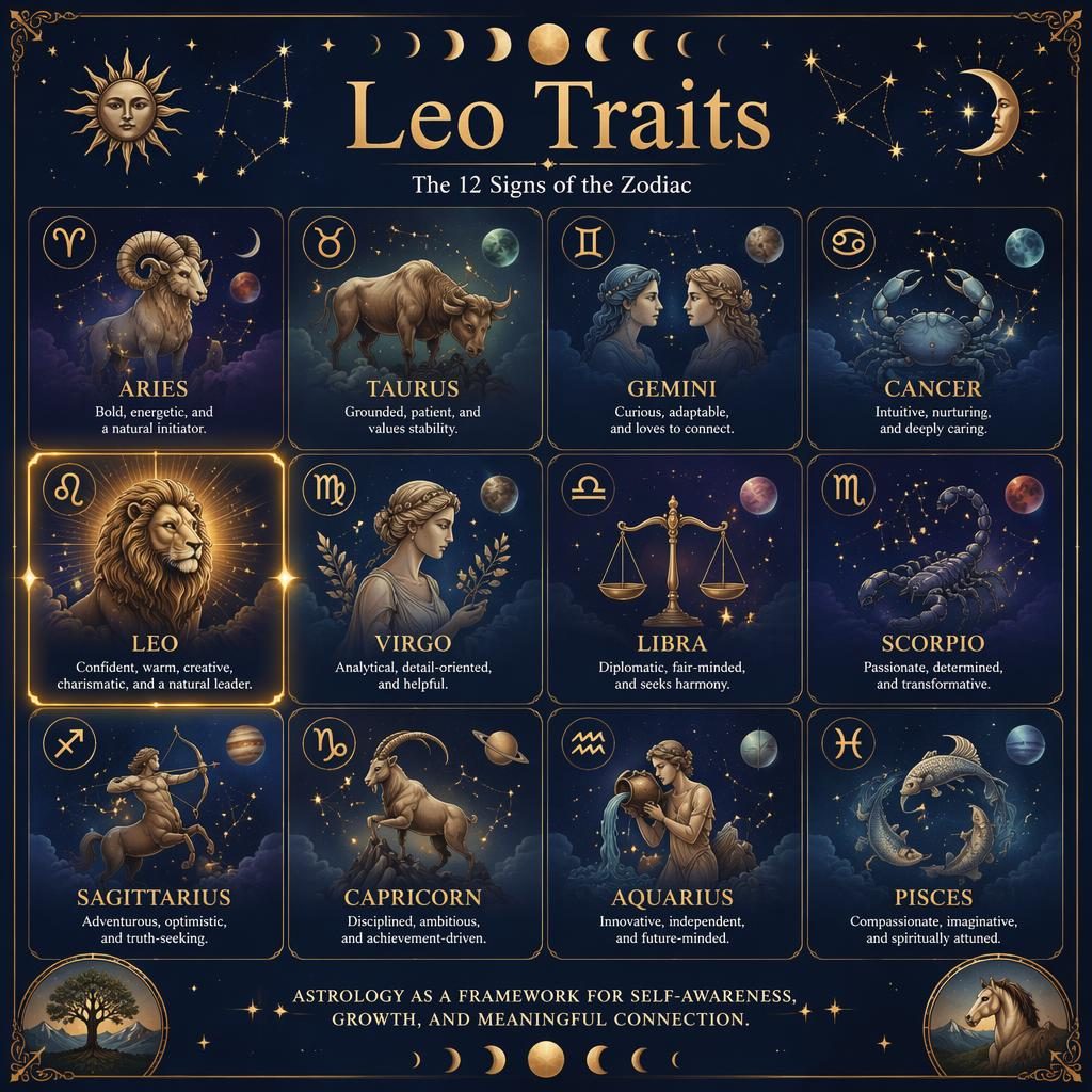 Infografía zodiacal en cuadrícula de 12 signos con Leo resaltado, fondo azul profundo y dorado, constelaciones y fases lunares.