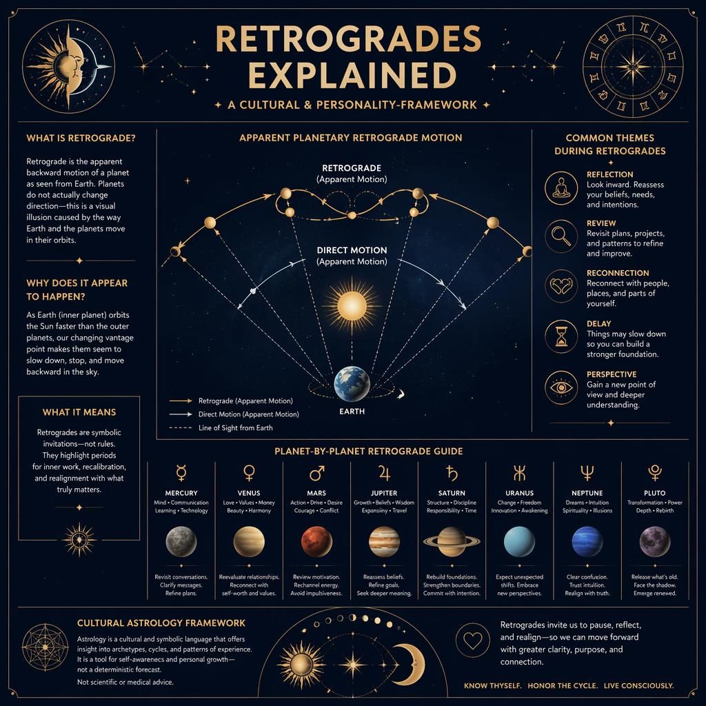 Infografía editorial azul marino y dorado sobre retrógrados, con diagrama celeste central, flechas orbitales y rueda zodiacal.