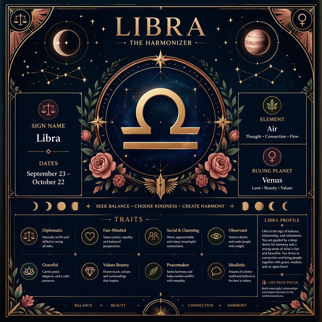 Art Deco Libra zodiac profile card with centered glyph, deep blue and gold night sky, moon phases, constellations, and traits sections.