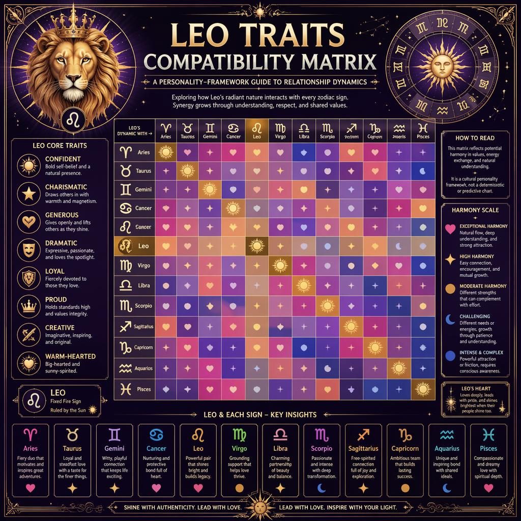 Art nouveau zodiac compatibility heatmap with 12 signs on both axes, highlighting Leo with lion glyph, solar motifs, and purple silver celestial details.