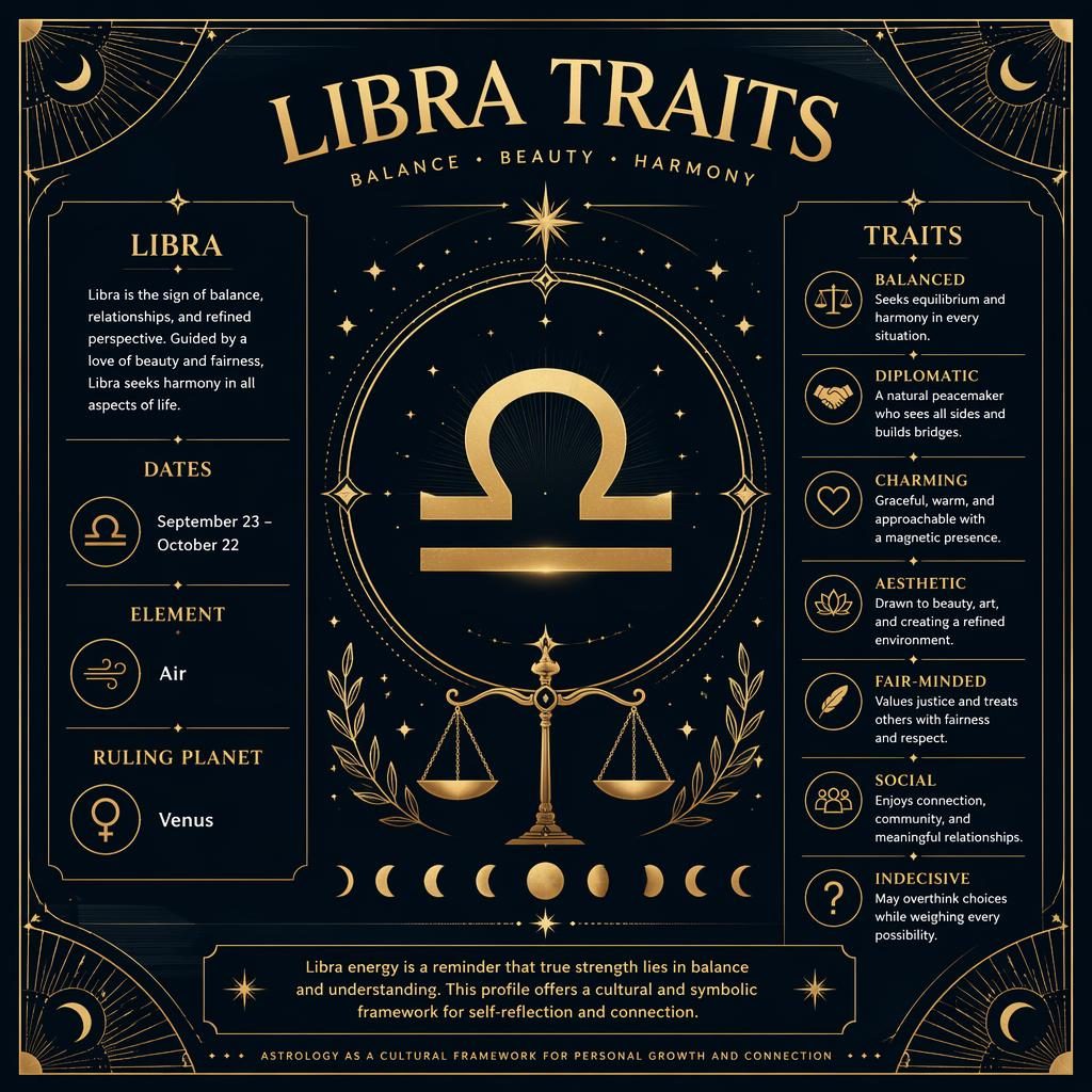 Infografía de Libra estilo art déco con glifo central, bordes geométricos dorados, estrellas, fases lunares y rasgos en inglés.