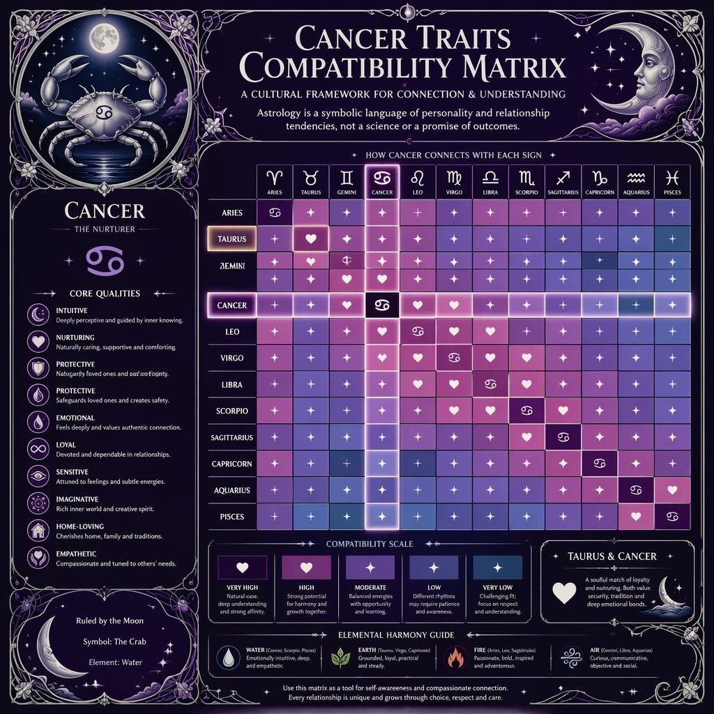 Infografía zodiacal art nouveau con matriz 12x12 de compatibilidad, Cáncer destacado, tonos púrpura y plata, lunas y estrellas.