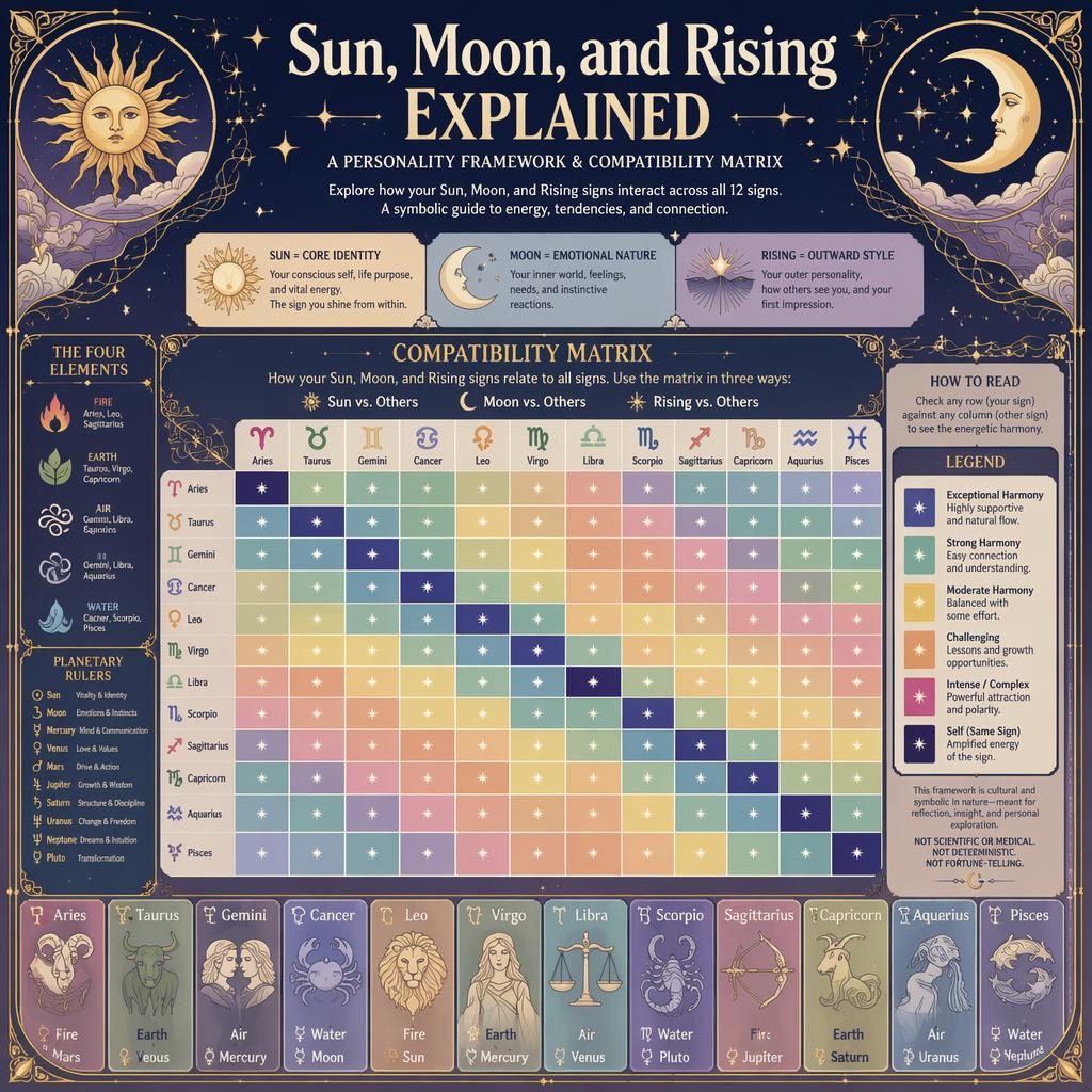 Art nouveau zodiac heatmap infographic with 12x12 matrix, celestial borders, zodiac signs, legend for Sun, Moon, Rising.