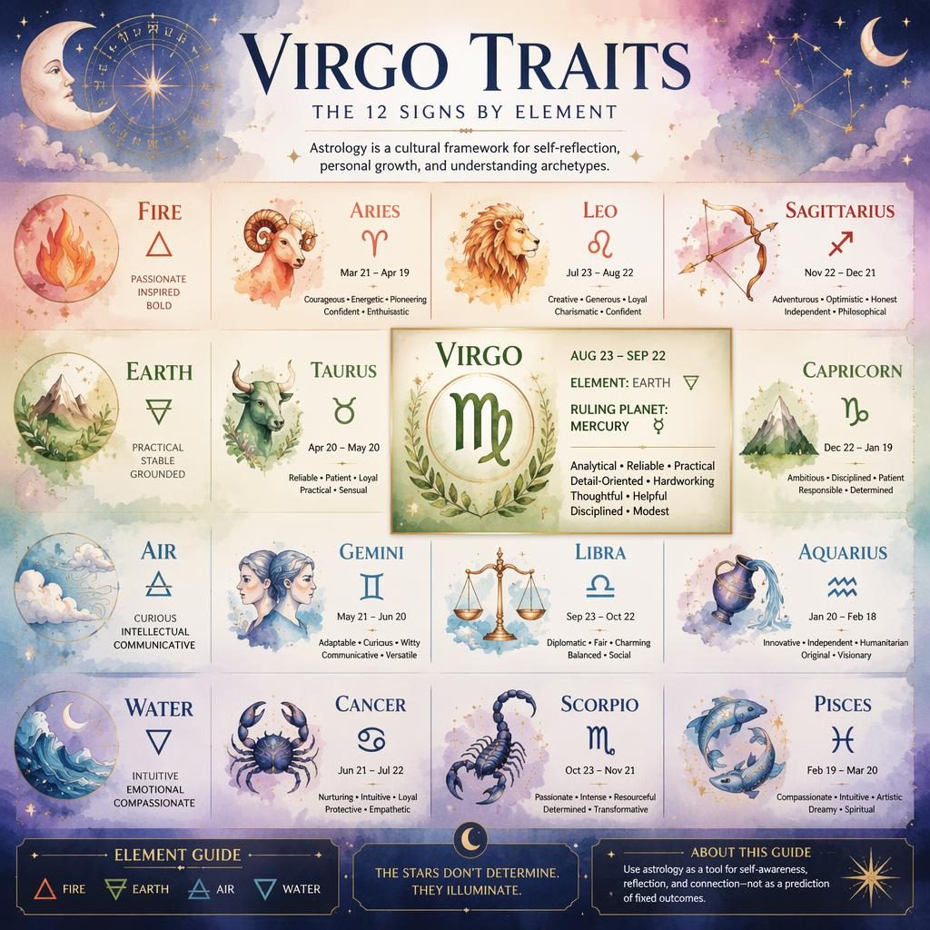 Pastelová astrologická infografika se 12 znameními podle živlů, s výrazně zvýrazněnou Pannou v zemské skupině.
