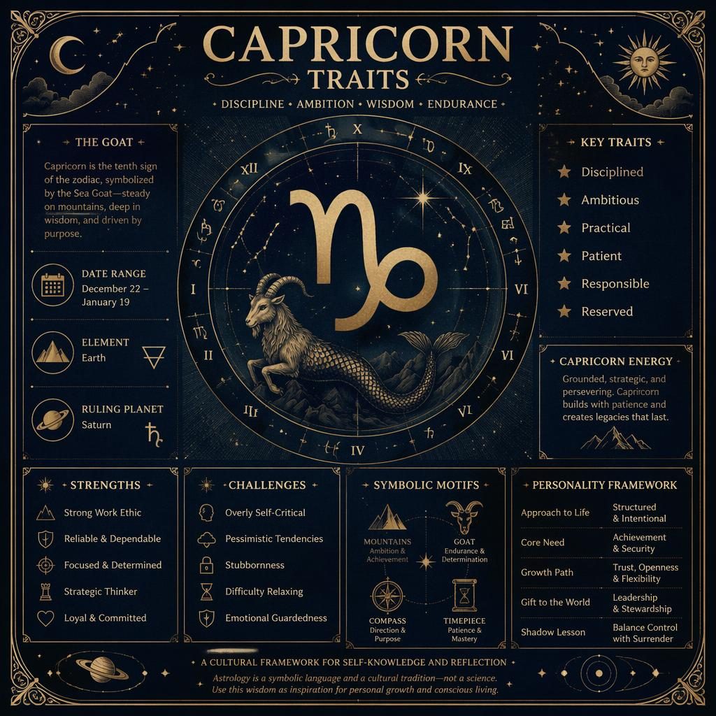 Vintage-style Capricorn traits infographic with central glyph, dates, Earth and Saturn labels, celestial borders in blue and gold.
