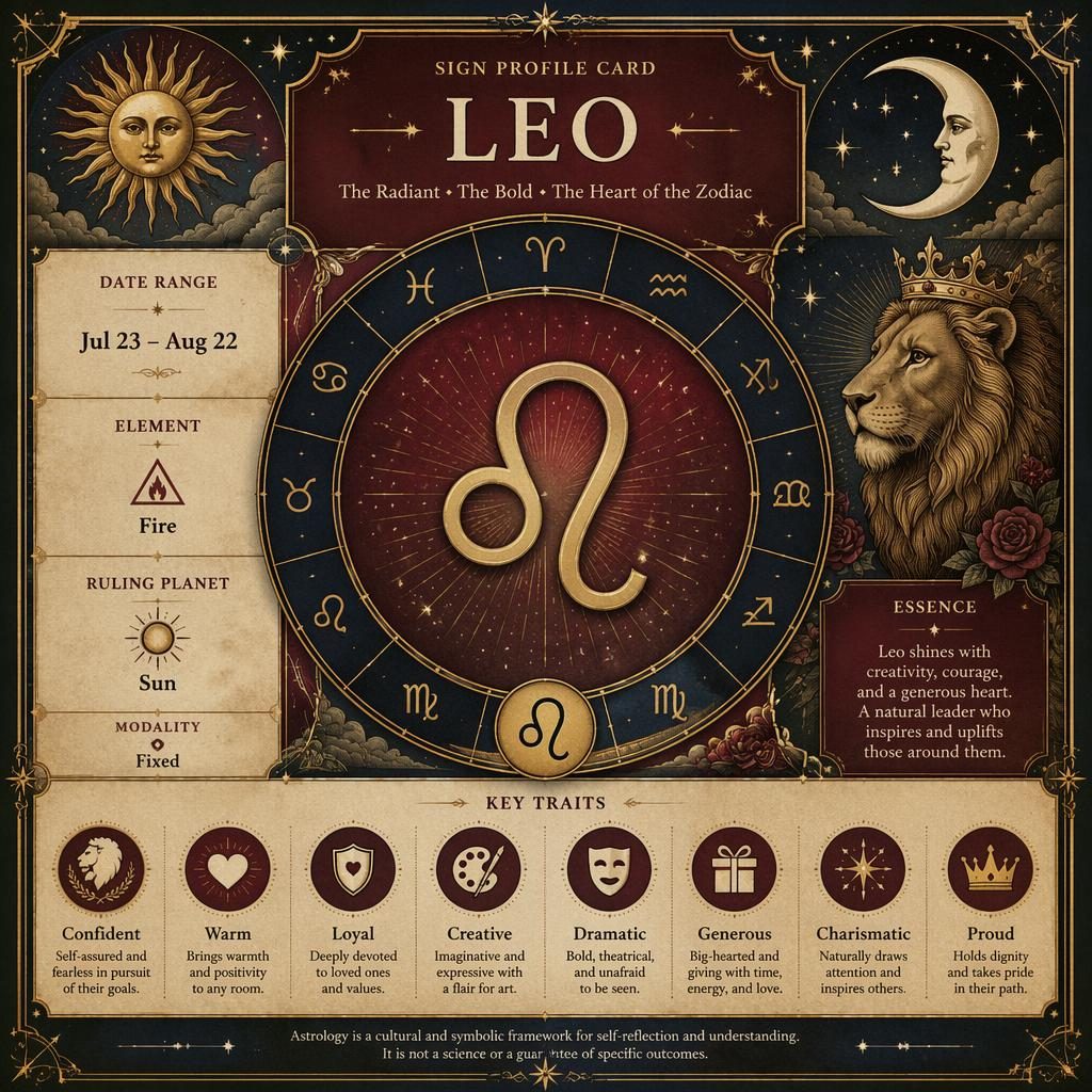 Vintage-style Leo traits infographic with Leo glyph, zodiac wheel, celestial motifs, dates, Fire element, Sun ruler.