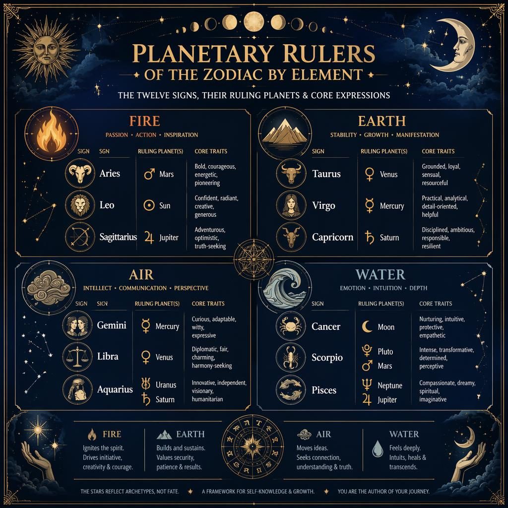 Infografía zodiacal en azul profundo y dorado con los 12 signos por elemento, planetas regentes, iconos celestes y líneas de constelación.