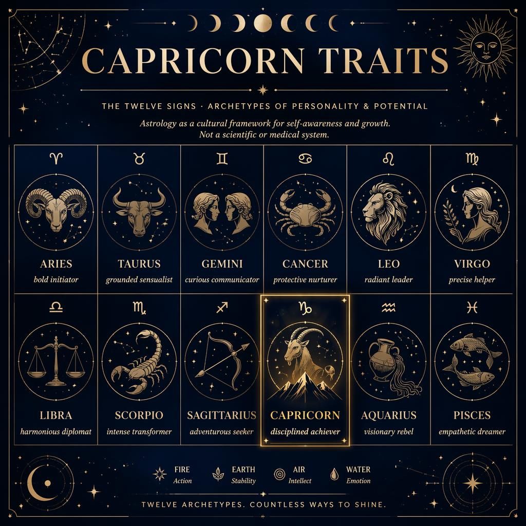 Celestial 12-sign zodiac grid infographic with Capricorn emphasized, deep blue and gold accents, constellations and lunar phases.