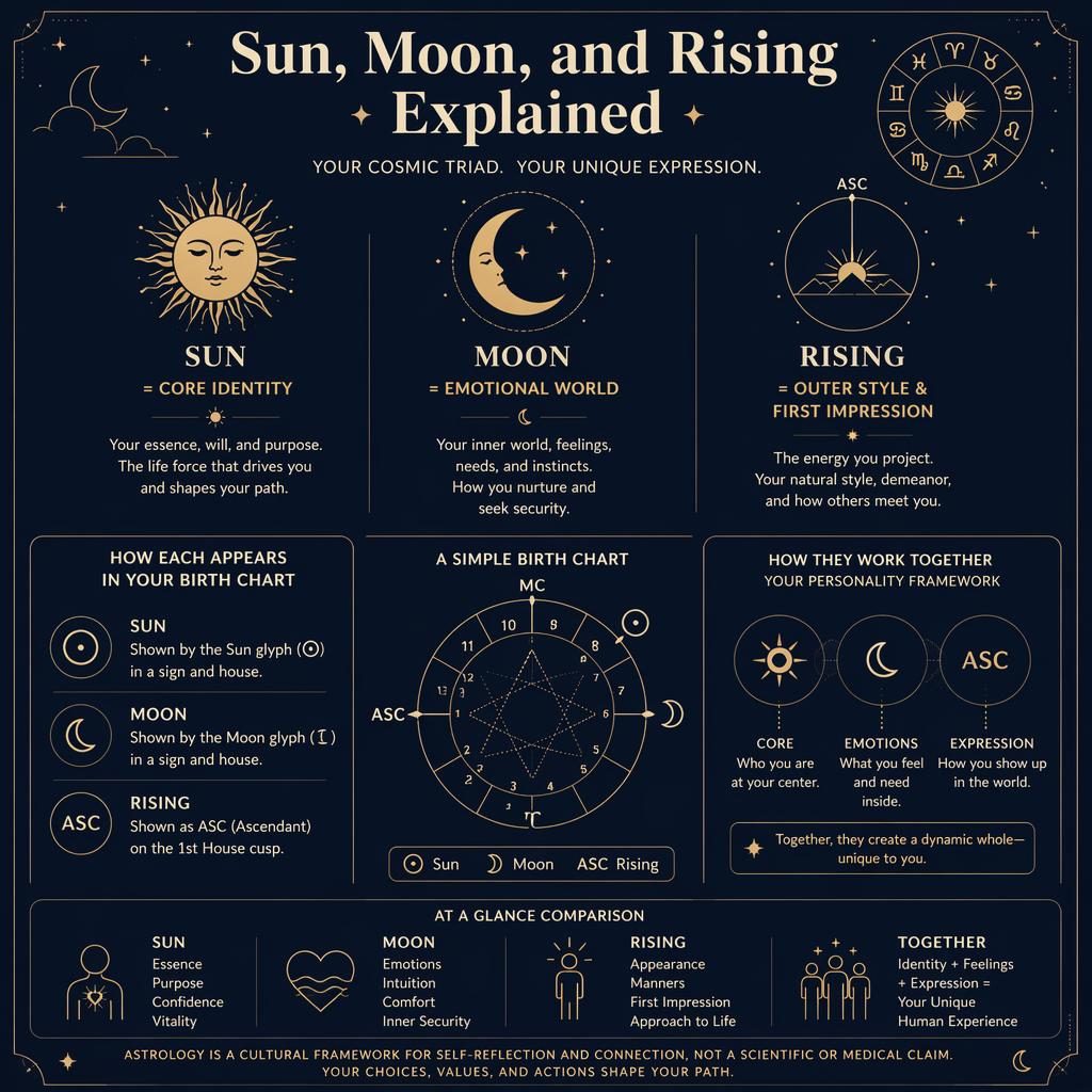 Infografía astrológica minimalista en azul profundo y dorado sobre Sol, Luna y Ascendente con diagrama natal y rueda zodiacal.