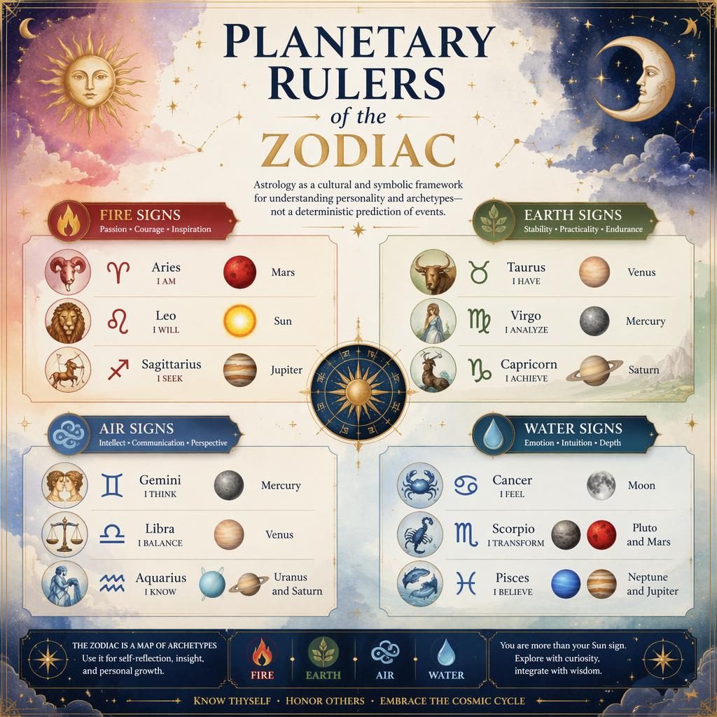 Mystical watercolor zodiac infographic showing 12 signs grouped by Fire, Earth, Air, and Water with ruling planets.