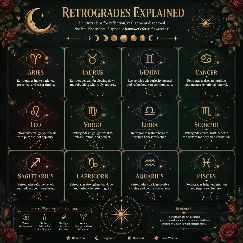 Editorial zodiac infographic titled Retrogrades Explained with a 12-sign grid, celestial icons, moon phases, stars, and gold accents.