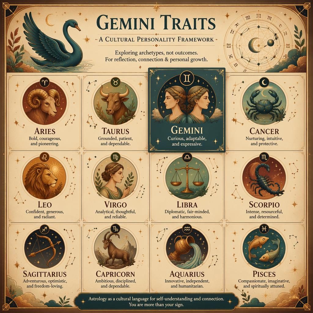 Editorial zodiac infographic titled Gemini Traits in a 12-sign grid, with Gemini highlighted, celestial icons, and teal swan motifs.