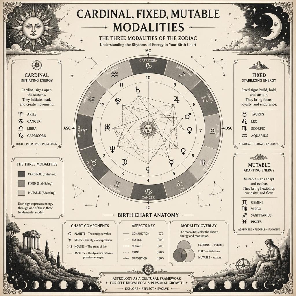 Monochrome vintage astrology infographic with a central zodiac wheel, houses, planets, aspects, and Cardinal, Fixed, Mutable labels.