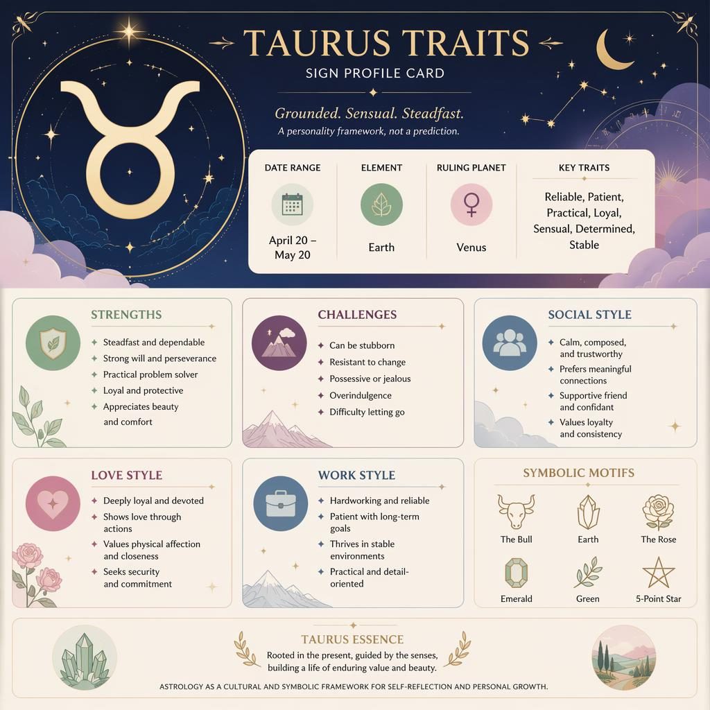 Minimal Taurus traits infographic with Taurus glyph, zodiac dates, Venus, pastel celestial icons, and horary chart styling.