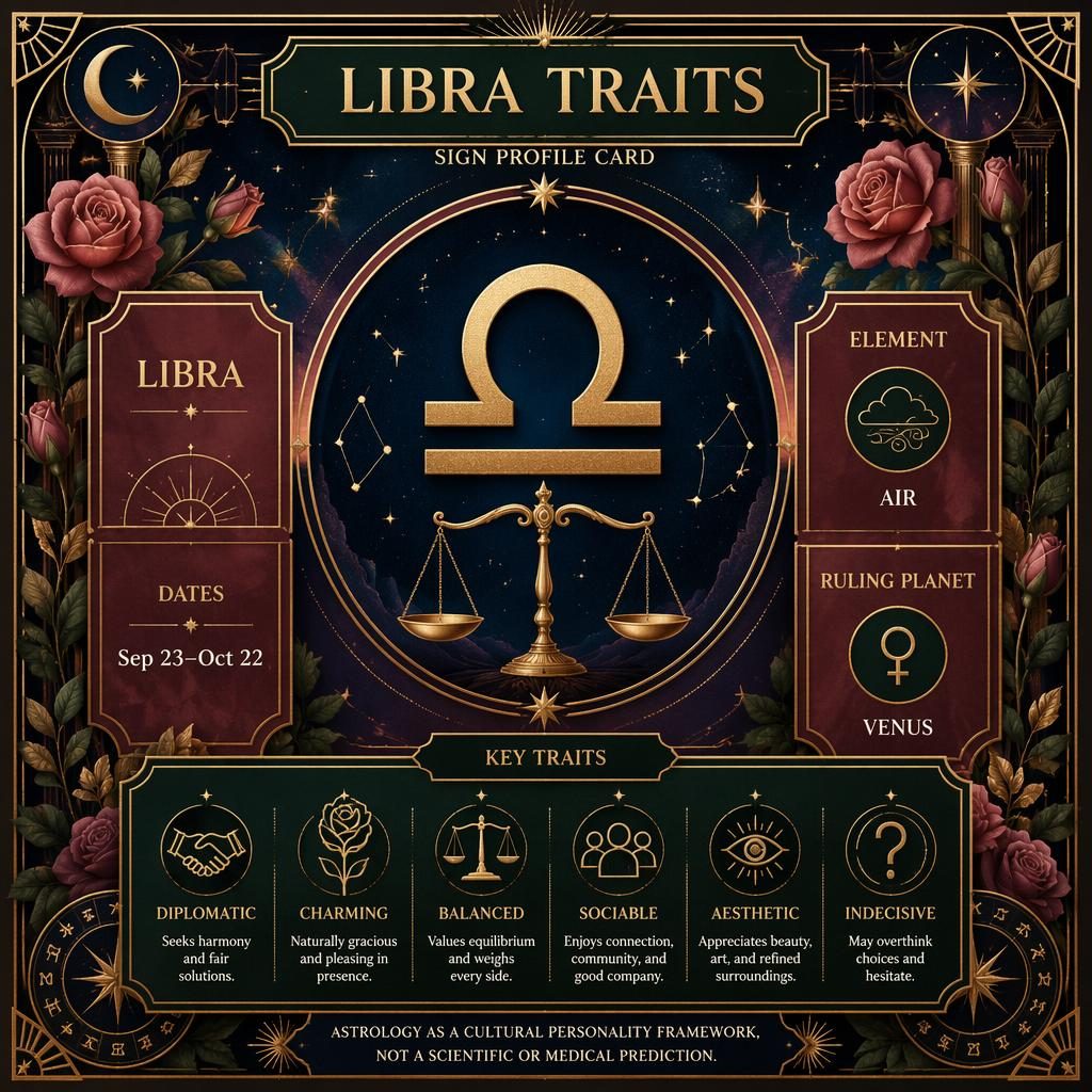 Art deco Libra traits infographic card in deep blue and gold with rose and forest accents, scales, constellation motifs.