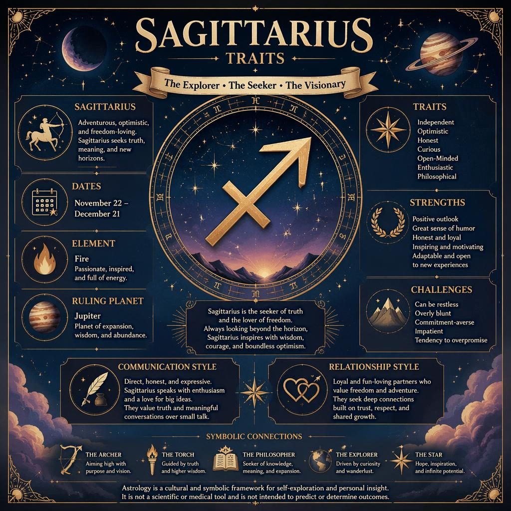 Vintage-style Sagittarius traits infographic with zodiac glyph, dates, element, ruling planet, traits, and celestial icons.
