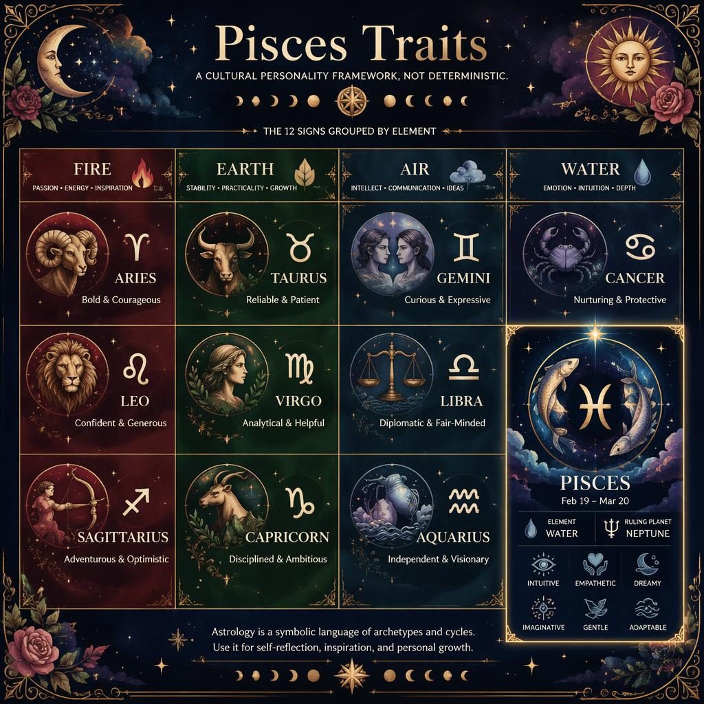 Mystical zodiac infographic showing a 12-sign grid by element, with Pisces highlighted in the Water group and celestial motifs.